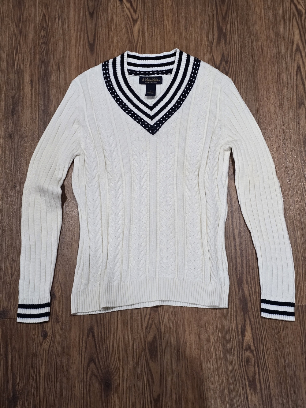 Brooks Brothers Cream Cable-Knit V-Neck Sweater with Navy Trim